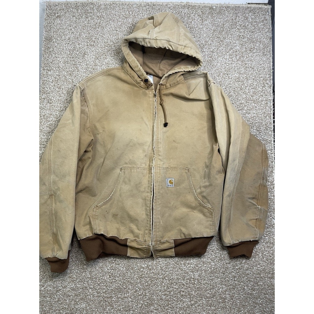 VTG Carhartt J131 Duck Active Jacket USA Made 90s Distressed Workwear Beige Sz L
